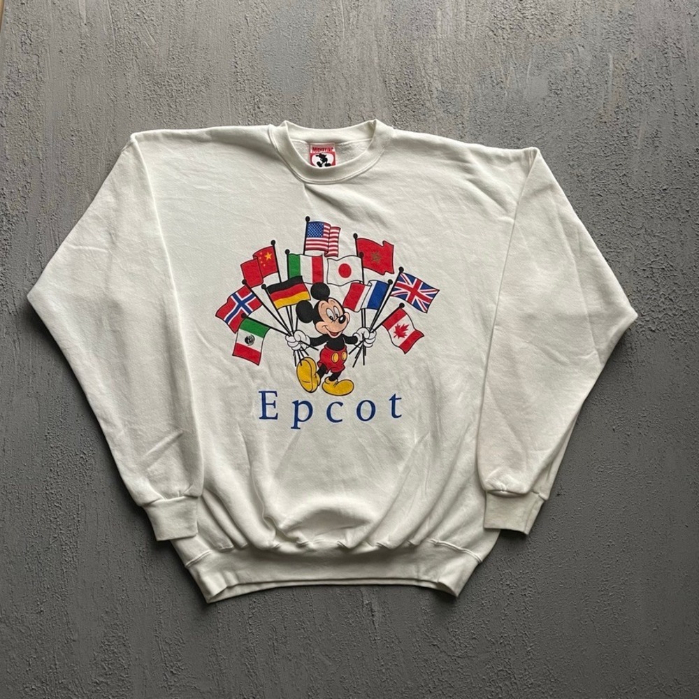 Vintage Mickey Mouse Flags Epcot Sweatshirt Men XL White 90s Mickey Inc